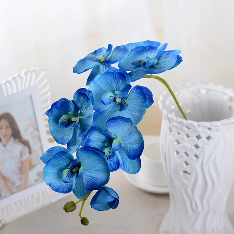 Искусственный шелк, белые цветы орхидеи, высокое качество, Бабочка, моль, фаленопсис, искусственный цветок для свадьбы, дома, праздника, украшения - Цвет: blue