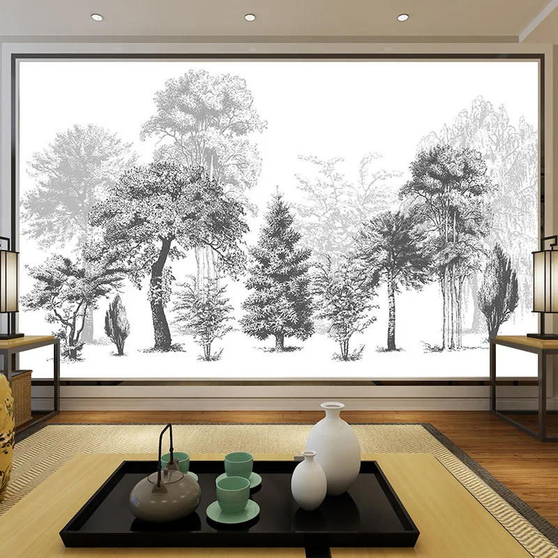 

3D Modern Minimalist Black And White Sketch Style Abstract Woods Living Room Sofa Bedroom TV Backdrop Wall Wallpaper