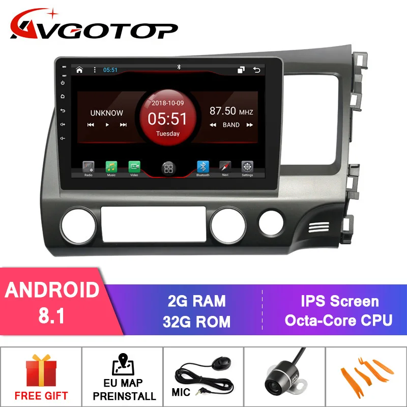 AVGOTOP Android 9 Bluetooth GPS Автомобильный радиоприёмник dvd-плеер для onda CIVIC(RHD) 2006-2011