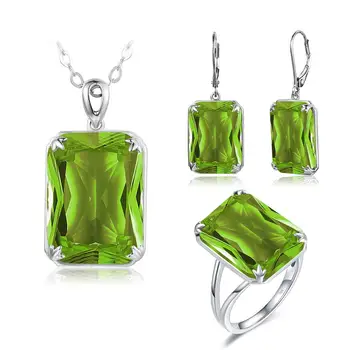 

Real Silver 925 Jewelry Sets For Women Sparkling Green Peridot Pendant Earrings Ring Set Rectangle Shape Luxury Fine Jewelry New