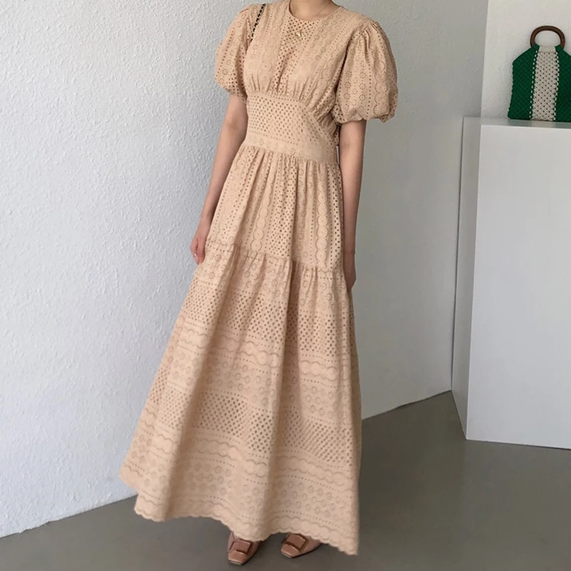 

Summer Women Beach Style Solid Maxi dress Fashion O-Neck Puff sleeve Dresses High Street Holiday Female Vestidos INKEO 9D217