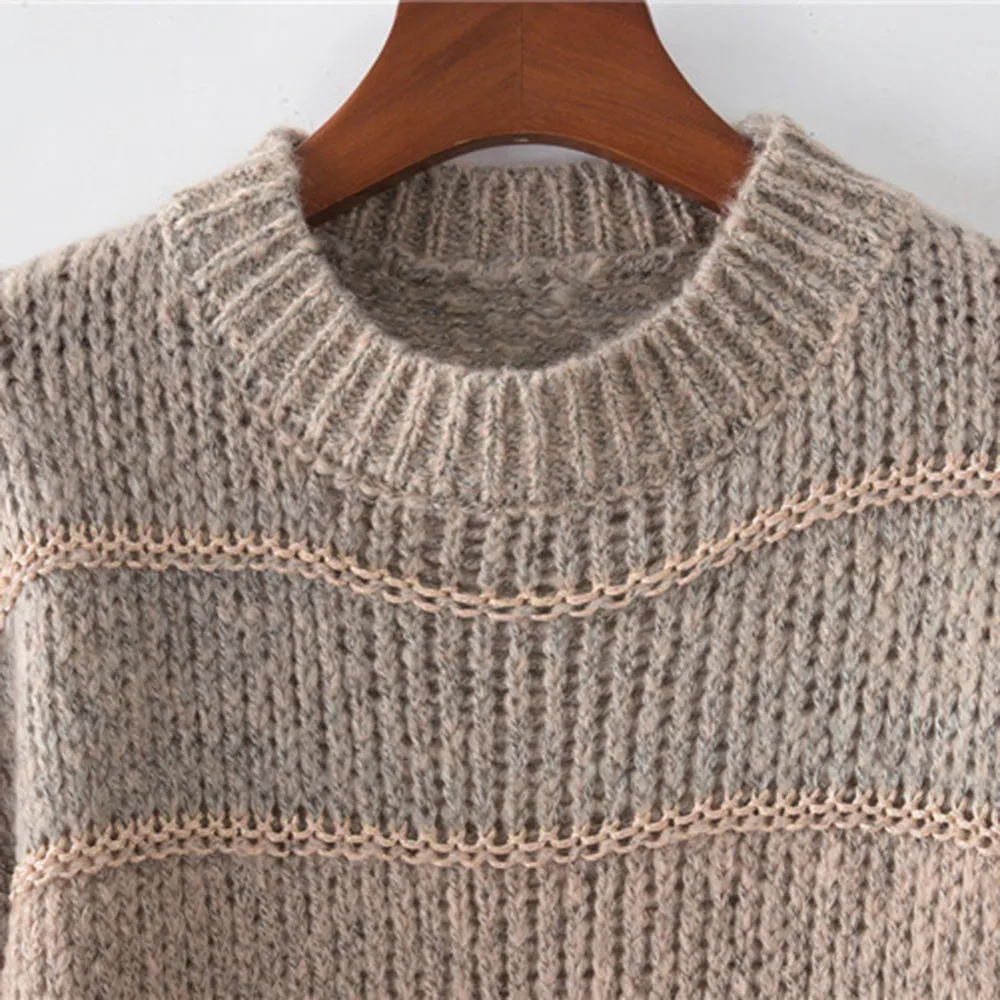 Женский Повседневный полосатый свитер с круглым вырезом и длинными рукавами, Свободный вязаный пуловер, блузка, свитер, свитер