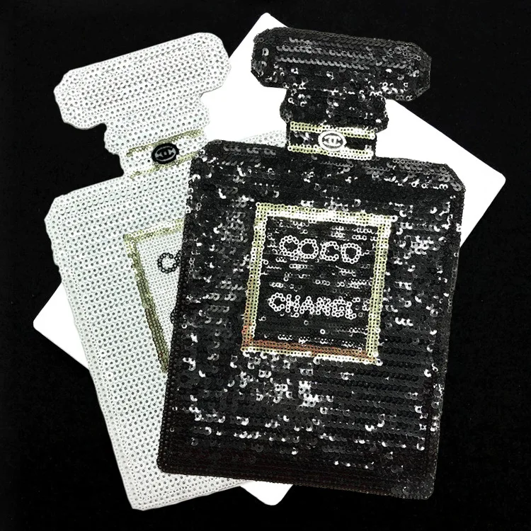 

1pc White Black CC Perfume Bottle Sequined Patches Sew On Iron On Patches for Clothes Embroidery Sticker Applique Fabric 26