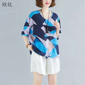 

Women T-Shirt Plus Size Geometric Short Sleeve Casual Loose Tee Shirt Female Tops Big Size V-Neck Cotton Linen Tshirts 2020 New