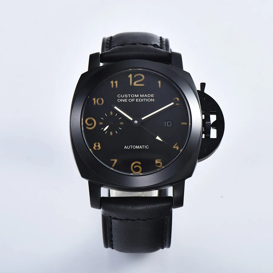 

44mm Men Automatic Mechanical Watch GMT Leather Strap Black PVD Case luminous Sports military watch men P-C01