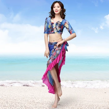 

New Belly Dance Tops+Skirt One Piece Tights Indian Dance Gypsy Stage Performance Outfit Seaside Style Carnival Costume BL2338
