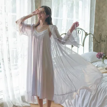 

2021 Spring Vintage Princess Modal 2 Pieces Women's Robe Sets Smooth Gauze Long Sleepwear Sweet Girls Night Dress Home Wear