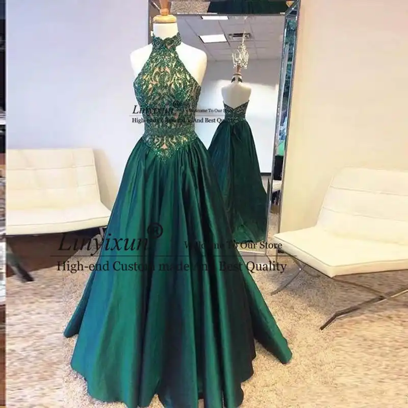 新 A ラインダークグリーンウエディングドレス レーススパンコールトップとサテンロングイブニングガウン背中フリルフォーマルイブニングパーティー ドレス プロムドレス Aliexpress