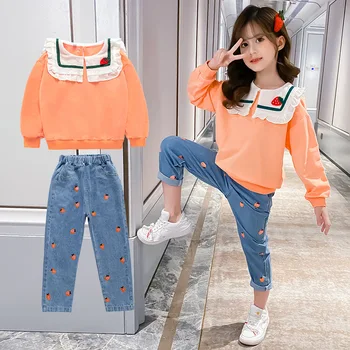 

Girls Clothes Set Long Sleeve Tops + Jeans 2 Piece Suits Spring Autumn Kids Clothing School Children Tracksuit 4 6 8 10 12 Year