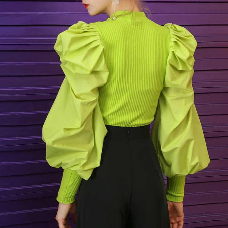 Patchwork Knitting Ruffle White Women's Sweaters O Neck Puff Sleeve Female Sweater 2019 Autumn Big Size Fashion New Patchwork Knitting Ruffle White Women's Sweaters O Neck Puff Sleeve Female Sweater 2019 Autumn Big Size Fashion New