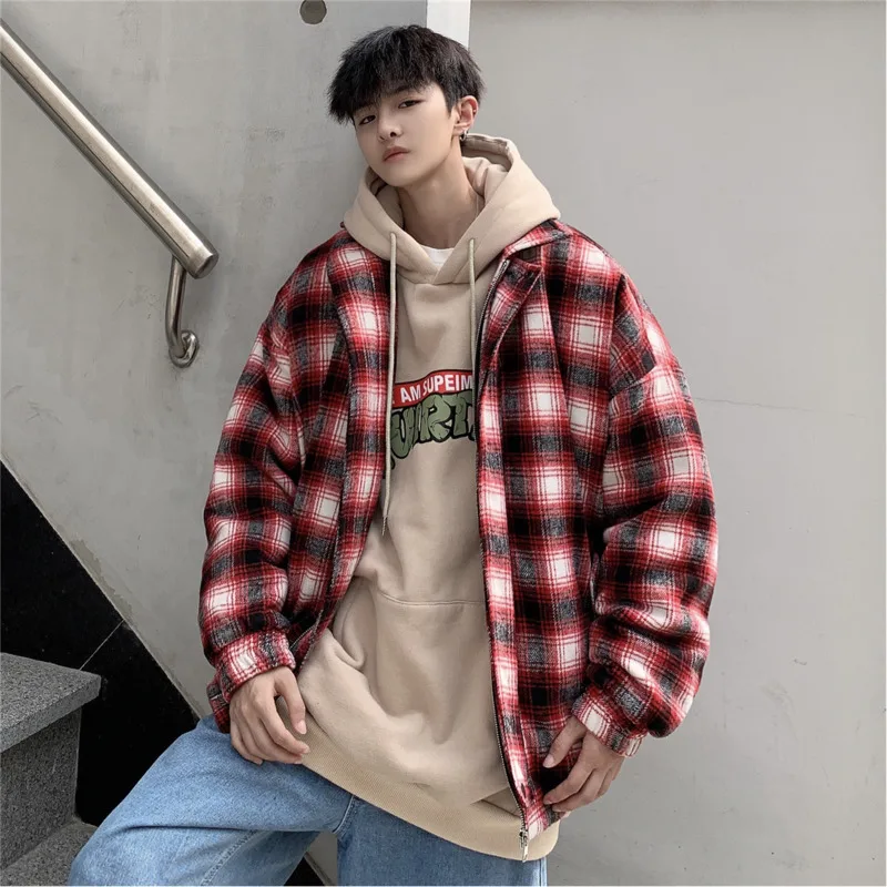 

Men's jacket 2019 winter new slim plaid cotton printed work jacket jacket loose casual lapel personality youth men's wear