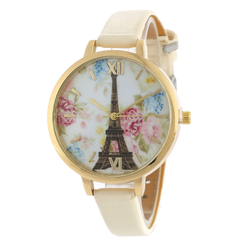 

New Style Fashion Ladies' Watch Iron Tower Flowers Print Fine Leather Belt Quartz Watch Casual WOMEN'S Watch