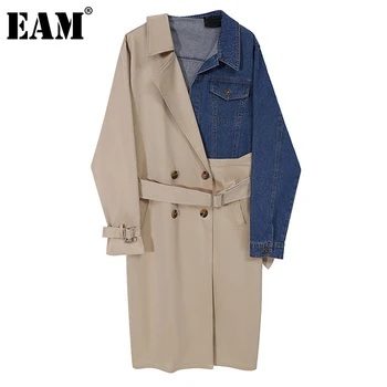 

[EAM] Women Khaki Denim Split Temperament Trench New Lapel Long Sleeve Loose Fit Windbreaker Fashion Autumn Winter 2020 1DA966