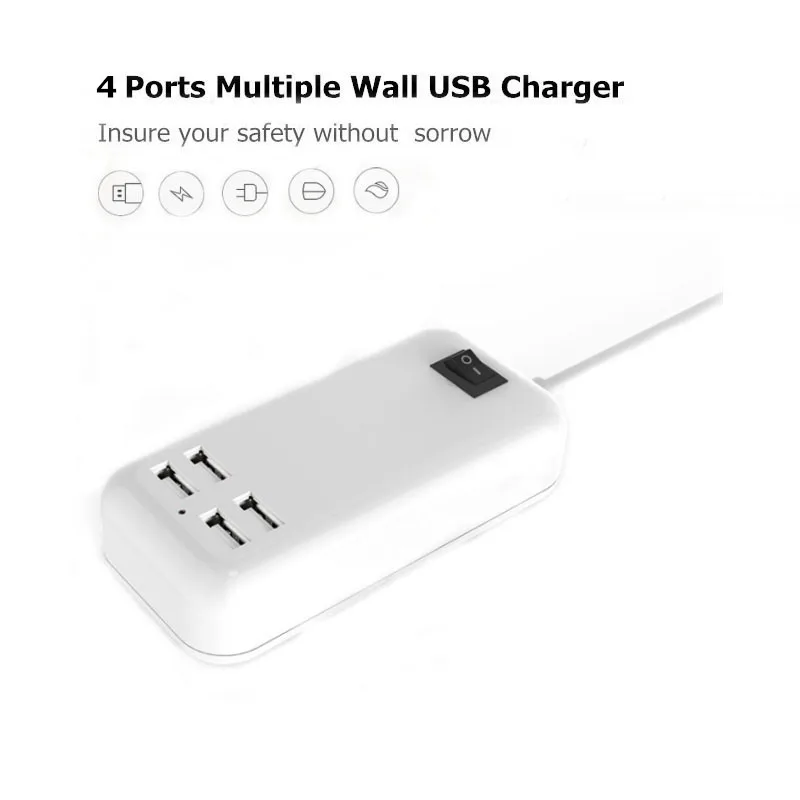 ЕС/США/Великобритания штекер 5V3A 4 порта USB настенное зарядное устройство AC адаптер питания 1,5 м длинный кабель вкл/выкл переключатель путешествия домашнее устройство для iPhone iPad