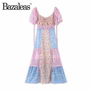 YF7 patchwork 7365 Bazaleas шик праздник цветочный розовый синий лоскутное женское платье ретро рюшами женский с пышными рукавами платья Винтаж vestido Прямая поставка - Цвет: YF7 patchwork 7365