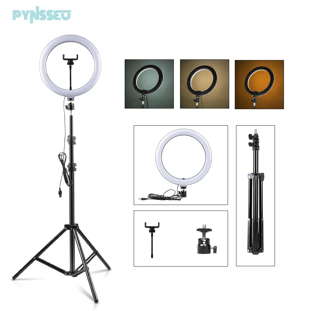 PYNSSEU-Anillo de luz LED de 26cm con soporte de anillo de luz de 1,1/1,6/2,0 M, lámpara de anillo de Selfie regulable de 10 pulgadas con Clip de teléfono para maquillaje de Youtube