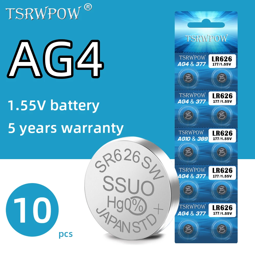 10pcs Original TSRPOW AG4 377A 377 LR626 Battery For Watch Toys Digital Camera Button Coin Cell Alkaline Lithium Batteries 1.55V |