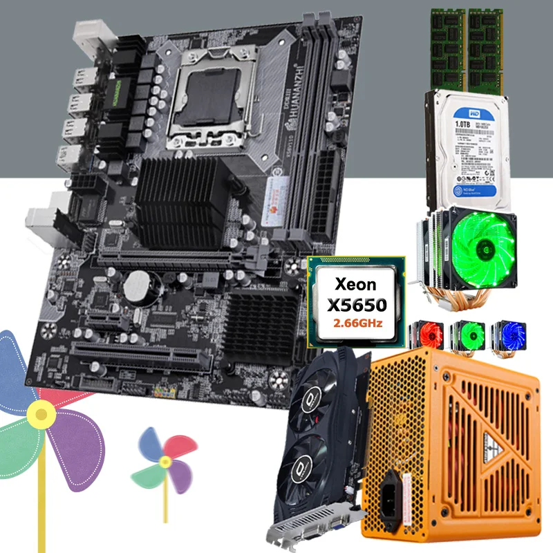 Комбинированная материнская плата HUANANZHI X58 LGA1366 ЦП Intel Xeon X5650 с кулером ОЗУ 16 Гб (2*8