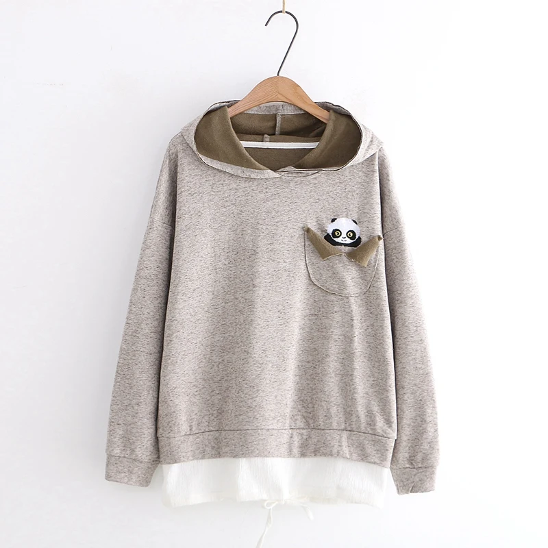 Beige Осенняя Женская толстовка Kawaii, толстовка с капюшоном, с вышивкой панды, из двух предметов, для студентов, подростков, для девочек, свободные топы с капюшоном и длинными рукавами - Цвет: Beige
