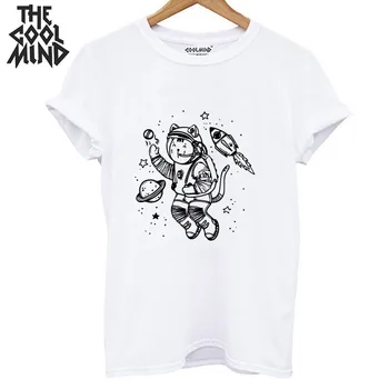 

coolmind 100% cotton short sleeve space cat print women T shirt casual loose women T shirt o-neck t-shirt women tee shirts