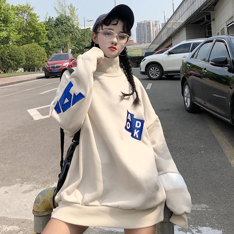 Толстовки женские с длинным рукавом в Корейском стиле Модные свободные толстые Модные водолазки большого размера уличная женская одежда шикарная Повседневная