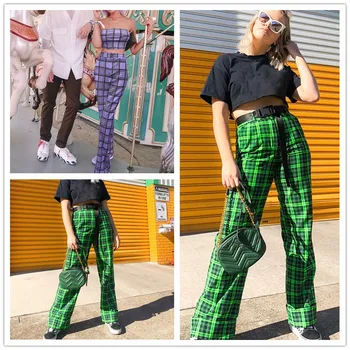 

Plaid Women Straight Pants Harajuku High Waisted Joggers Oversized Checkered Streetwear Casual Wide Leg Pants