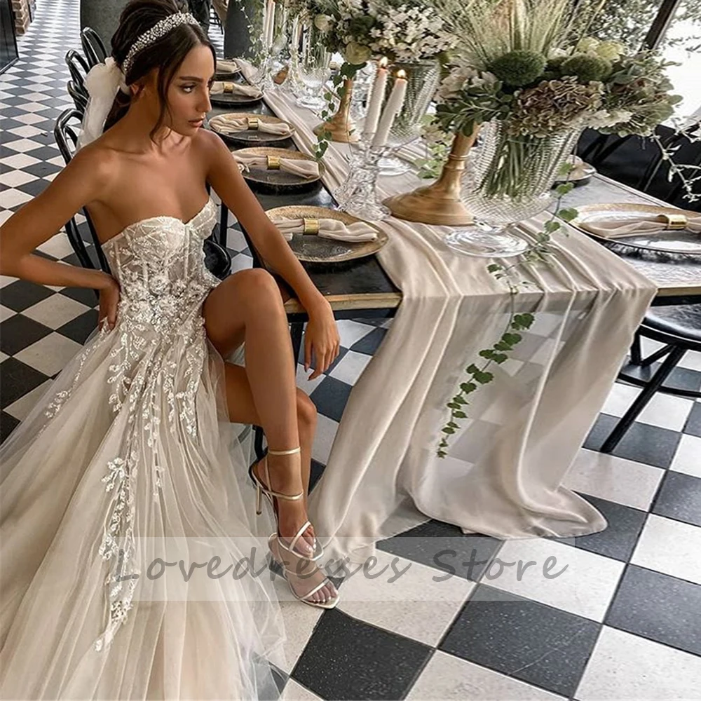 Elegant A-Line Side Slit Sleeveless Wedding Dresses Tulle Appliques Floor Length Strapless Zipper Ball Bridal Gowns 2022 New 2