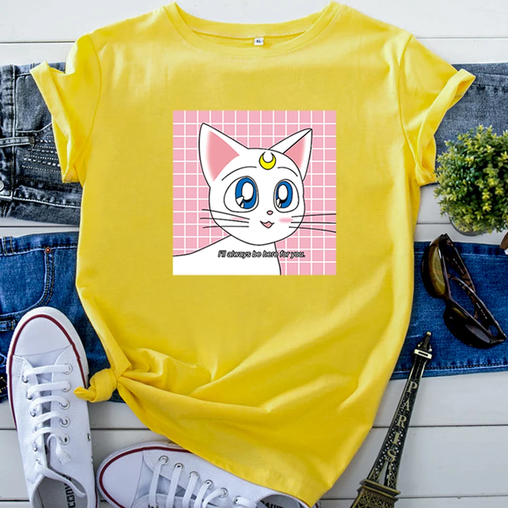 Women'S Tshirt Sailor Moon Cartoon Cat T Shirts For Women Cotton Hip Hop Woman T-Shirts Round Neck Vintage Short Sleeve Tops