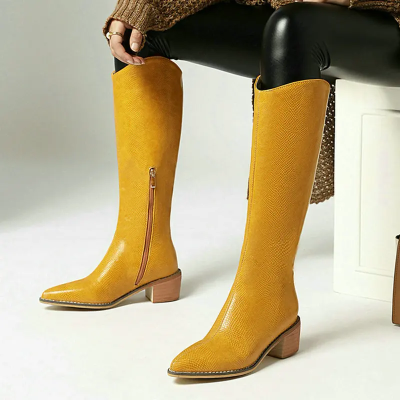 2021 Big Size 34-43 Knee High Boots Thick Heels Pointed Toe Winter Boots Comfortable PU Leather Women Boots Black Silver Yellow