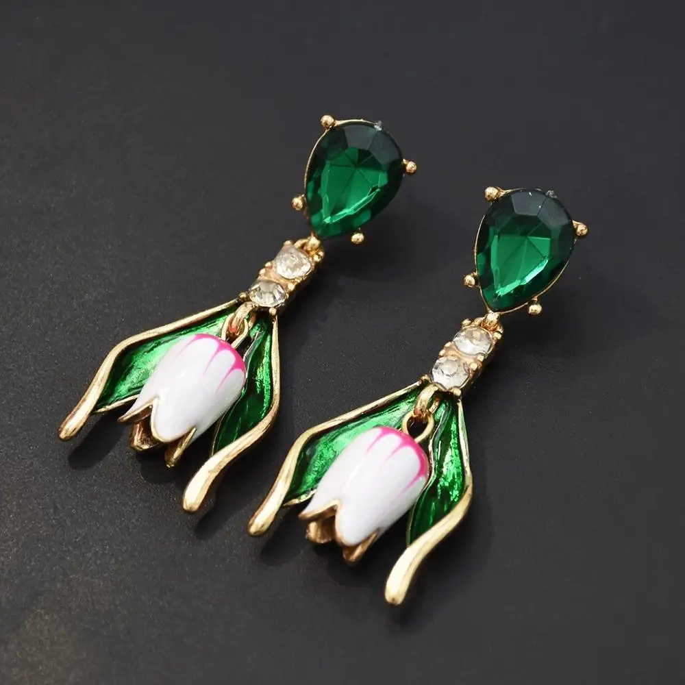 

Dangle Wedding Earrings For Bridal Green Crystal Flower Drop Earrings Unique Lotus Floral Pendant Luxury Bijoux Charms Jewelry