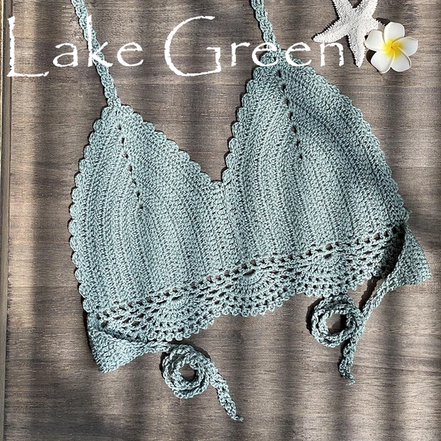 2021 New Bikini Top Handmade Crochet Women Boho Beach Bralette Solid Halter Knitted Swimsuit Brazilian Bikinis Bathing Suit Top Lake Green