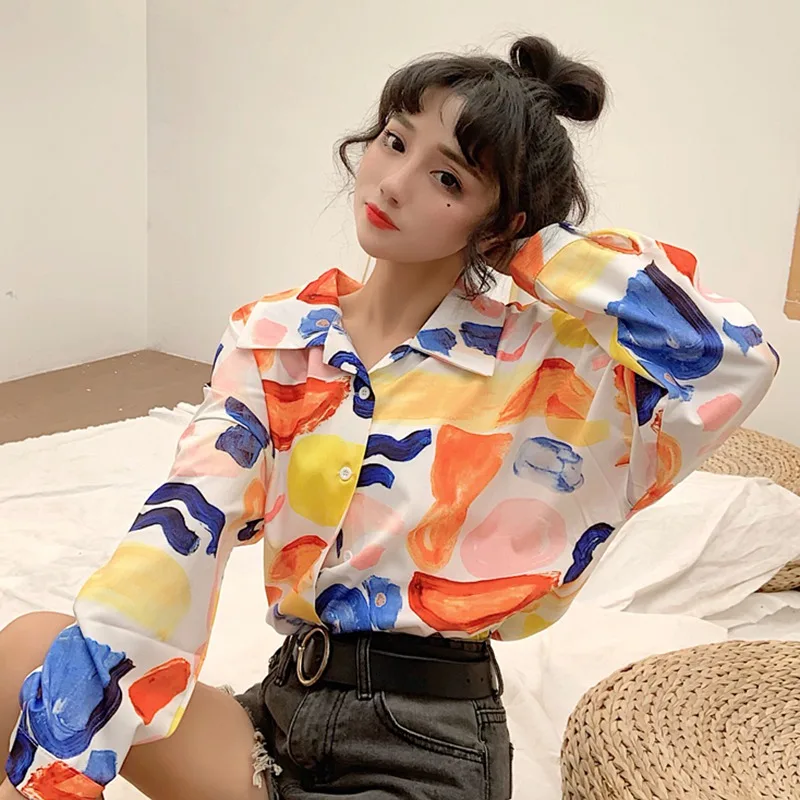 

Women Printing Long-sleeved Blouses Loose Shirt Fashion Loose Turn Down Collar Blouse