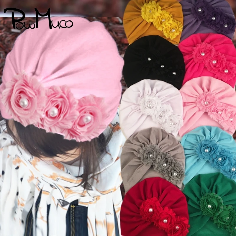 

Powmuco Solid Color Sun Flowers Infant Hats with Pearl High Quality Cotton Newborn Caps Sweet Kids Hair Accessories Photo Props