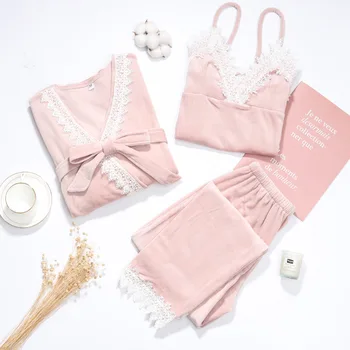 

Sexy Women Nightwear Casual Pajamas Suit Velvet Soft Sleepwear Loose 3PCS Top&Pants Lounge Sleep Set With Lace&Belt Pijamas
