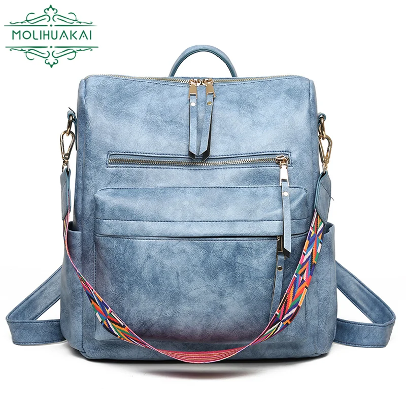 Mochilas vintage de couro macio para mulheres, bolsas de ombro femininas, mochila casual para senhoras, 8 cores