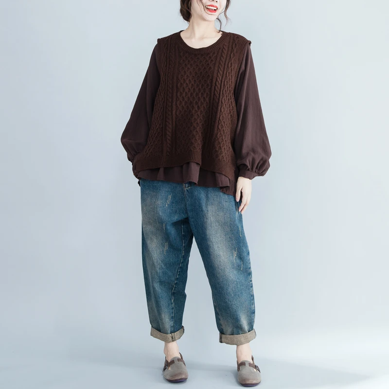 Модный весенне-осенний свободный лоскутный женский свитер из двух частей, повседневный Женский вязаный свитер с длинными рукавами в стиле пэчворк