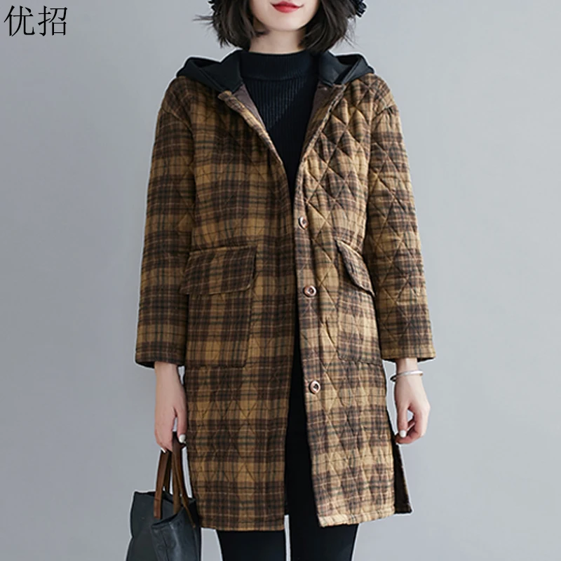 

2020 Winter Mid Long Coat Women Plus Size Vintage Hooded Plaid Loose Padded Quilted Outerwear Warm Thicken Zipper Long Jacket