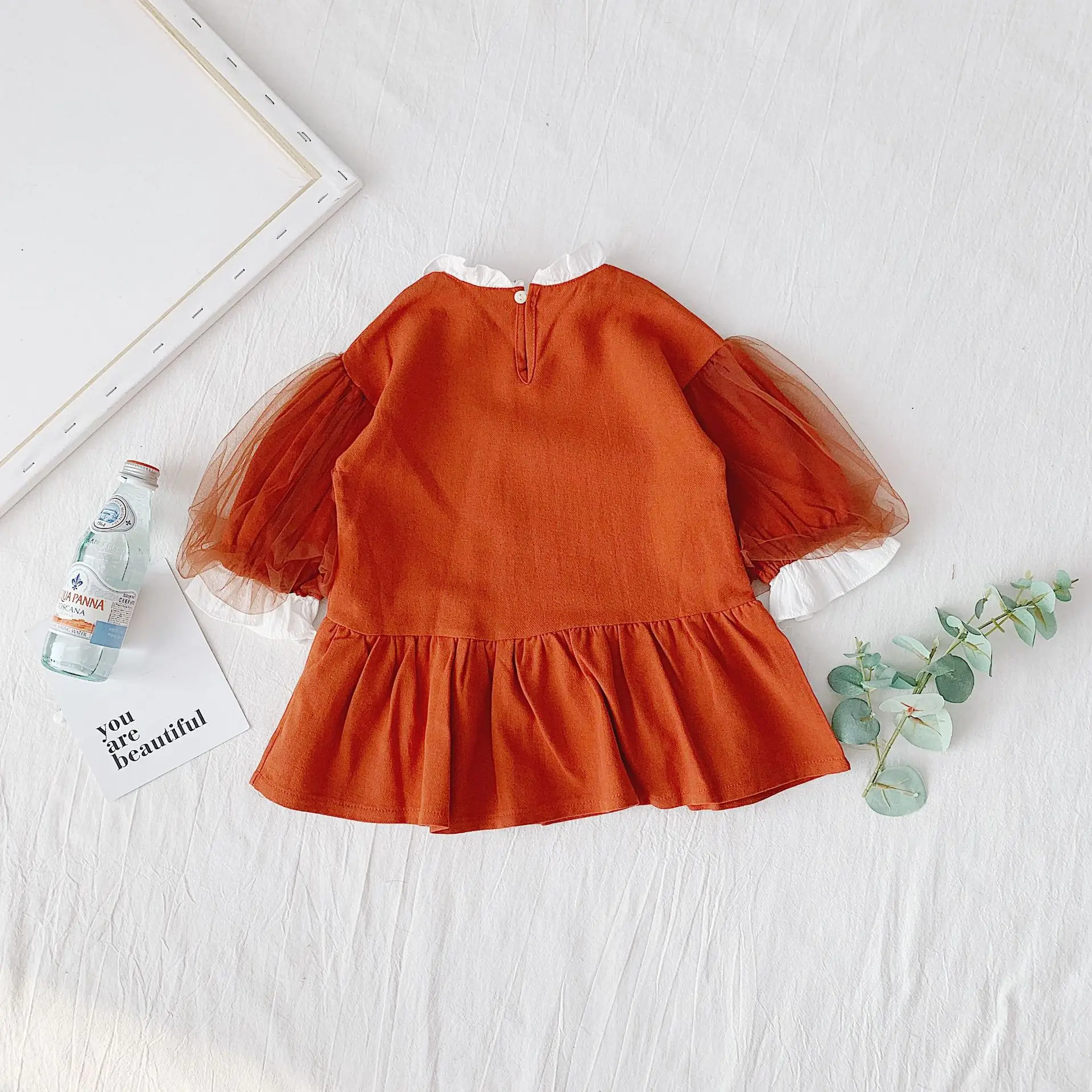 Korean style girls mesh lantern sleeve princess dress Autumn baby girl cotton patchwork cute dresses