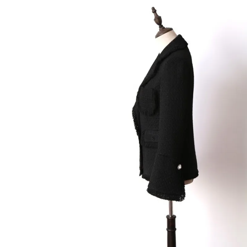 

Elegant Black Tweed Jacket Female Fashion Office Lady Tassel Flare Sleeve Short Coat Spring Autumn Single Button Suits Jacket