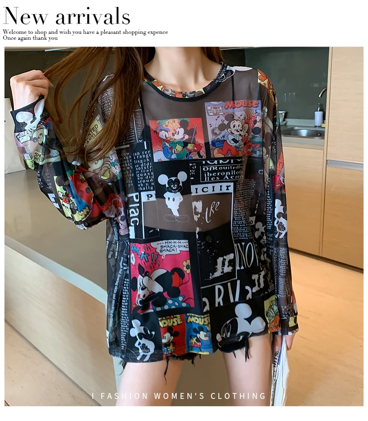Disney 2021 Summer Famous Anime Mickey Mouse Brand Mesh Shirt Women Sun Protection Transparent Long Sleeve Blouse Ladies T-shirt