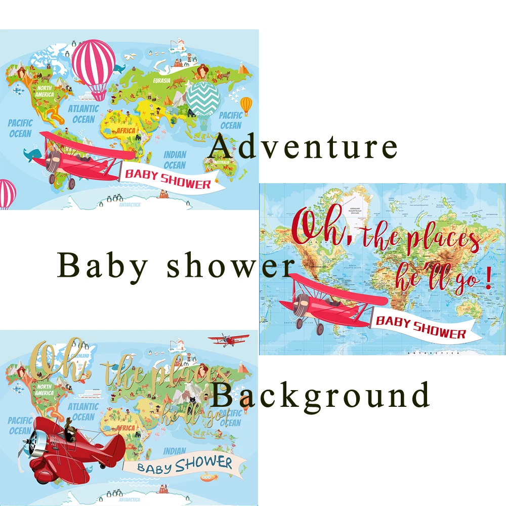 Adventure Theme Baby Shower Backdrop The Places he'll Go Airplane Birthday Party Vintage World Map Background Banner Decorations |