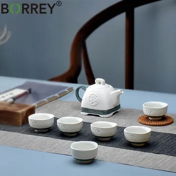 

BORREY Chinese Porcelain Teapot Set Ceramic Tea Pot Cup Kung Fu Tea Set Puer Oolong Tea Ceremony Kettle Travel Set Tea Set Gift