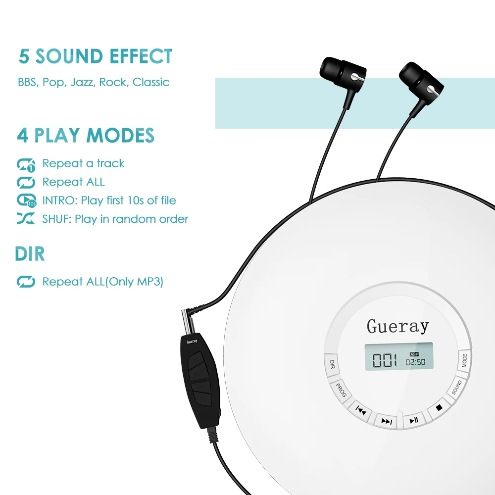 Круглый Стиль CD-плеер портативная гарнитура HiFi воспроизводитель музыки CD Walkman Discman плеер перезаряжаемый противоударный Lecteur CD