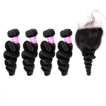 

Brazilian Loose Wave With Closure 100 Human Hair Bundles No Tangle Nature Color 4 Bundles With Closure Remy Human Hair Bundles