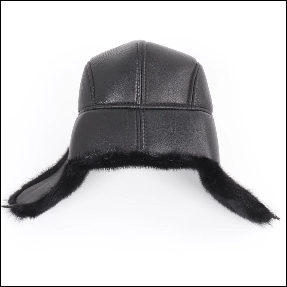 New Winter Russian Men Real Mink Fur Bomber Hats Male Warm Natural Mink Fur Hat Luxury Man Real Sheepskin Leather Cap