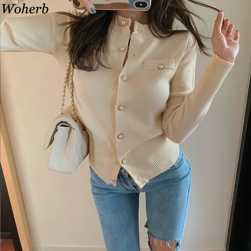 

Woherb Korean Style Sweater Women Solid Color Single Breasted Cardigan Coats Vintage Fashion New Knitwear Sueter Mujer 90740