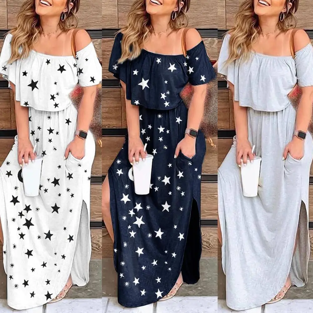 

Women Summer Off Shoulder Short Sleeve Stars Print Ruffled Hem Party Long Dress