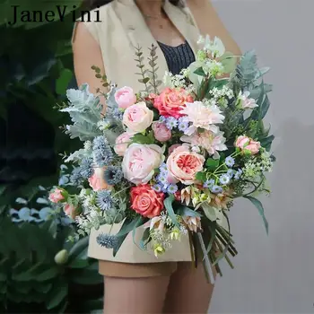 JaneVini-Ramos de boda grandes para Novia, rosas, peonías artificiales de seda, rosas, azules, rosas
