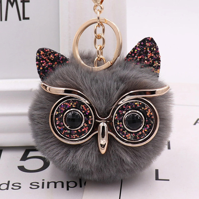 Cute Sequin Ears Owl Keychain Fluffy Artificial Rabbit Hairy Pom-pom Keychain Women's Shoulder Bag Owl Pendant Key Ring