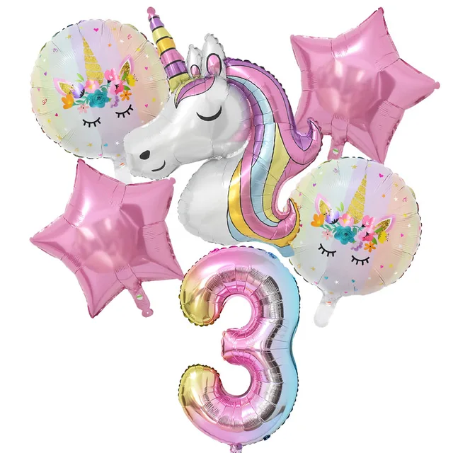 1Set Rainbow Unicorn Balloon 32 inch Number Foil Balloons 1st Kids Unicorn Theme Birthday Party Decorations Baby Shower Globos 6pcs number3 set